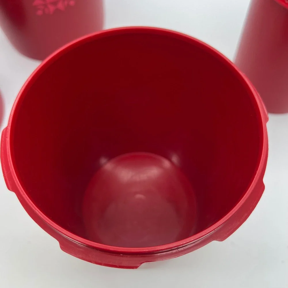 Tupperware Servalier Canister Set 4pc Red Tulip Quilt Vintage 70s Sunburst Lid